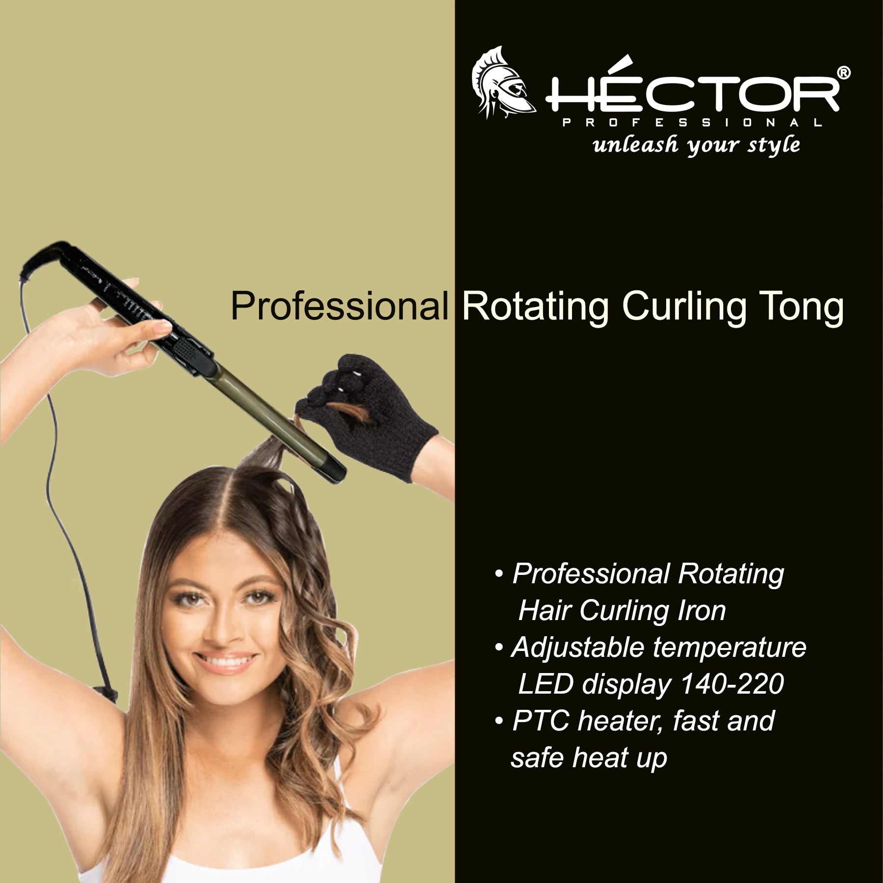 Hector Professional Rotating Hair Curler with 25MM Barrel, Rod, Titanium Coated Plates, Cool Touch Tip, Fast Heating, for Women, Long and Short Hair Curling, Styling, Black & Graceful Green