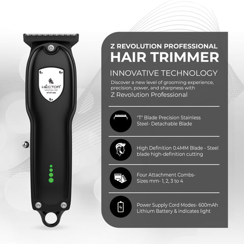 Hector Z Revolution Professional Hair Trimmer with ZERO CUT Technology for Men | T-Blade for upto 0.4 MM Precision | Rechargable & Skin Friendly | Metal Housing | Low Vibrations