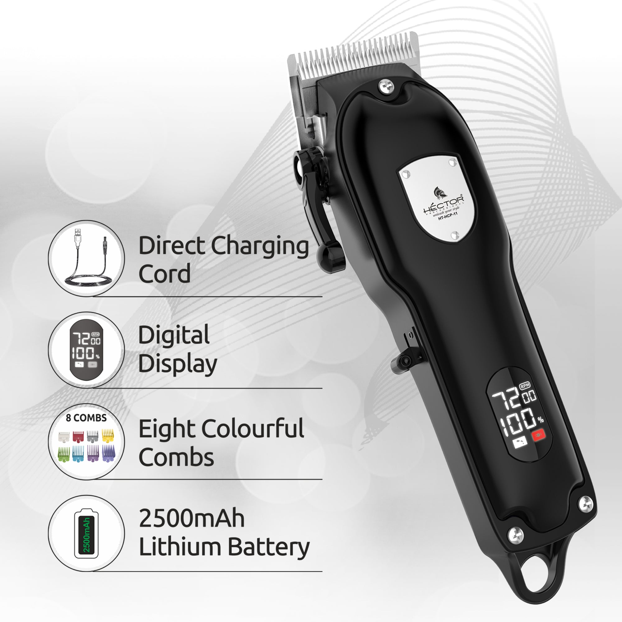 Hector Men Super Cut Pro Hair Clipper for Professional/Home use with Fast Charging | Colour Coded Combs | Robust Build | Matt Black