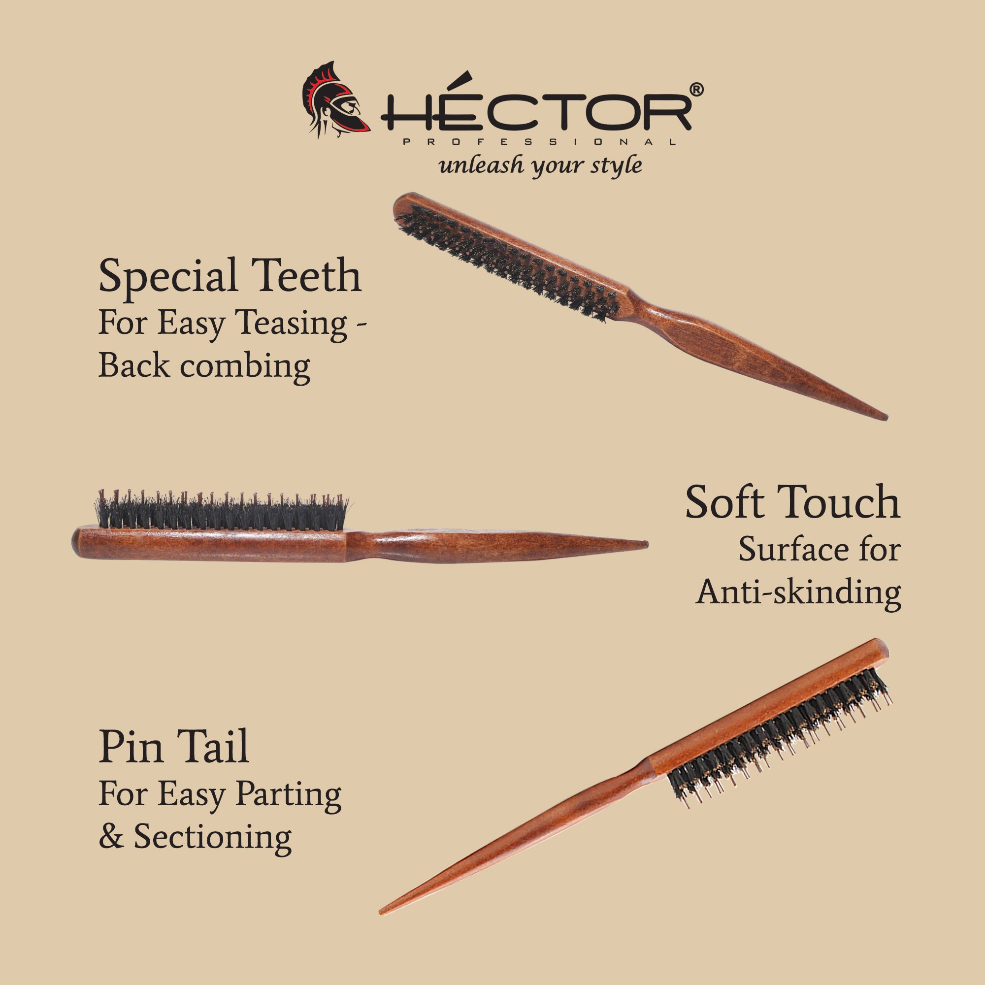 Hector Professional Hair Teasing Wooden Brush- Pack of 2