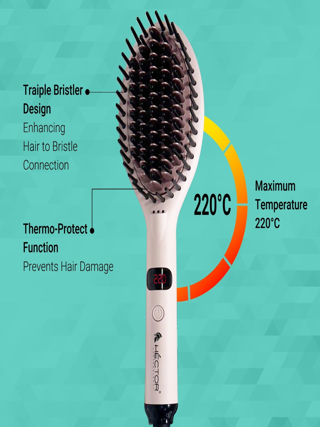 Hector Professional Hair Straightening Brush, The Speed Styler for Smooth Styling with Adjustable Temperature Control, LCD Display