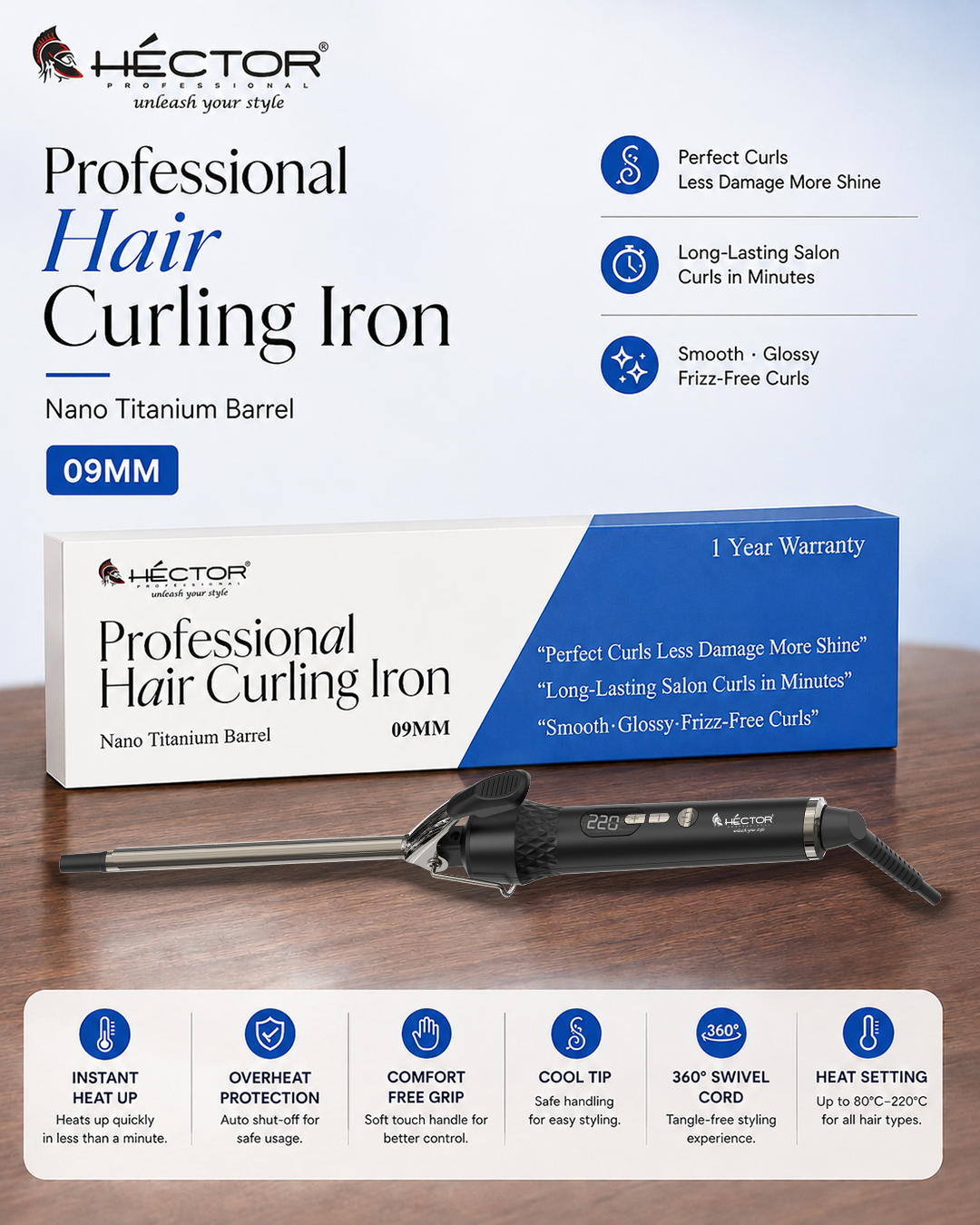 Hector Professional Hair Curling Iron 09MM | Nano Titanium Barrel | Digital Temperature Display Up to 220°C | Salon Style Curls for All Hair Types