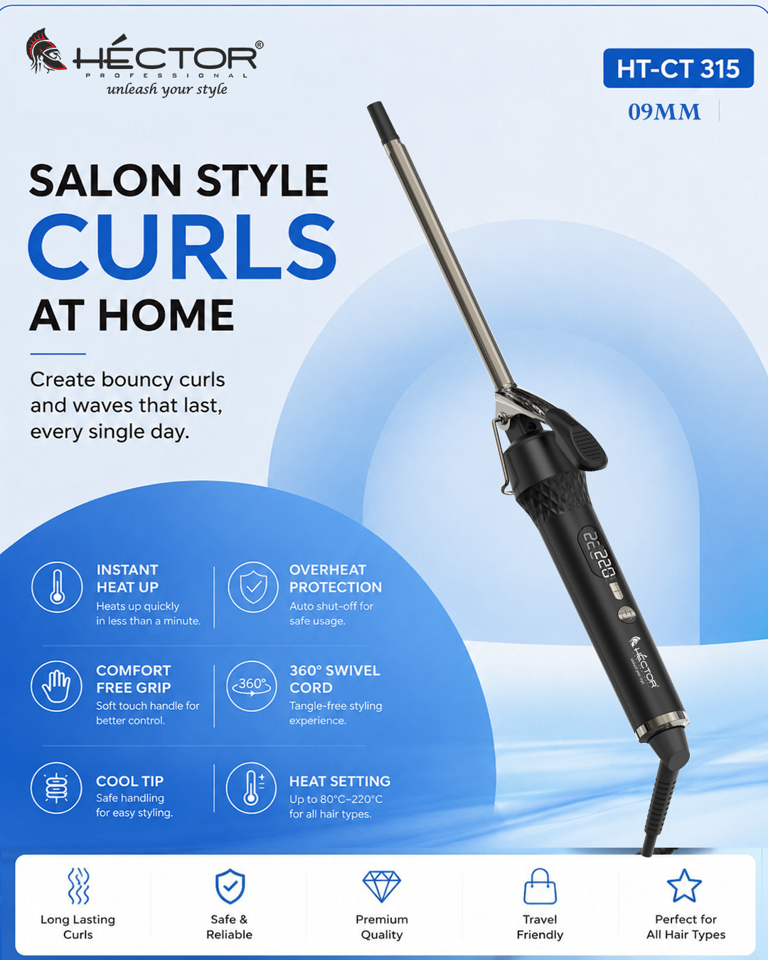 Hector Professional Hair Curling Iron 09MM | Nano Titanium Barrel | Digital Temperature Display Up to 220°C | Salon Style Curls for All Hair Types