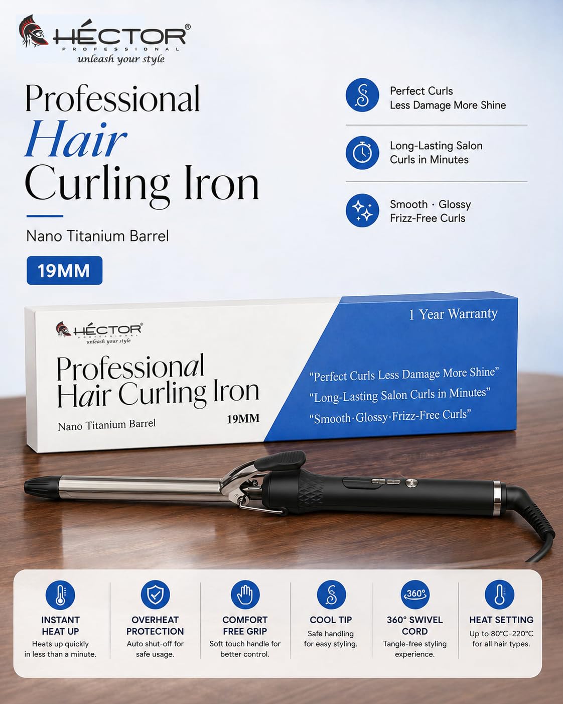 Hector Professional Hair Curling Iron 19MM | Nano Titanium Barrel | Digital Temperature Display Up to 220°C | Salon Style Curls for All Hair Types