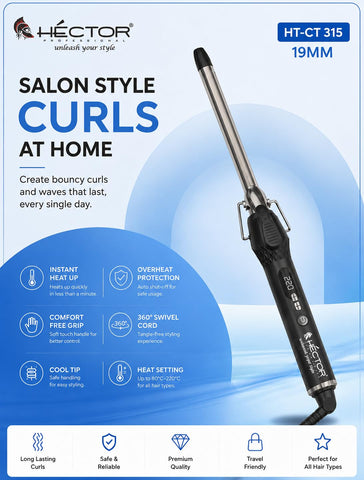 Hector Professional Hair Curling Iron 19MM | Nano Titanium Barrel | Digital Temperature Display Up to 220°C | Salon Style Curls for All Hair Types