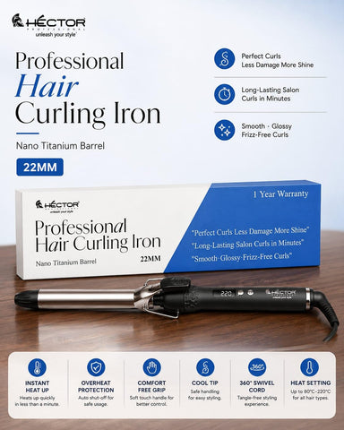 Hector Professional Hair Curling Iron 22MM | Nano Titanium Barrel | Digital Temperature Display Up to 220°C | Salon Style Curls for All Hair Types
