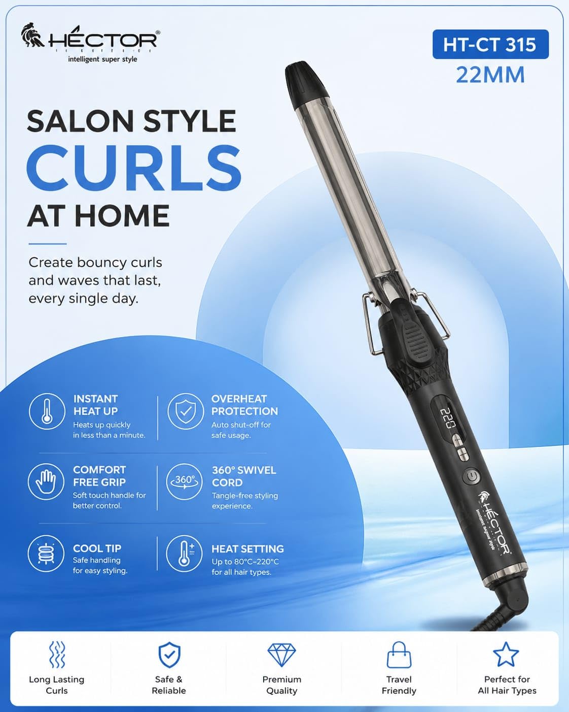 Hector Professional Hair Curling Iron 22MM | Nano Titanium Barrel | Digital Temperature Display Up to 220°C | Salon Style Curls for All Hair Types