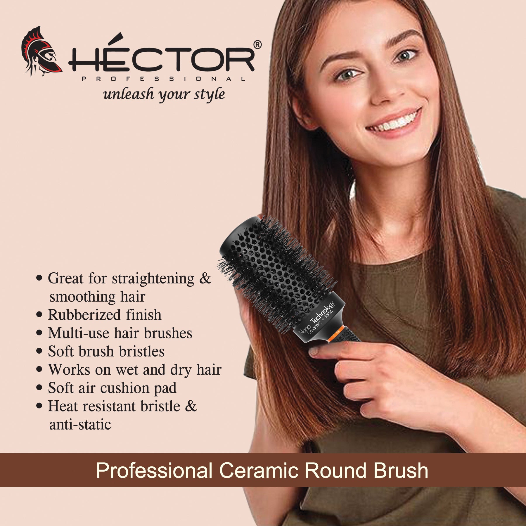 Hector Professional Heat Resistant Nylon Bristles Round Brush  43 MM  For Professional Salon/Home Use  Anti Static Technology