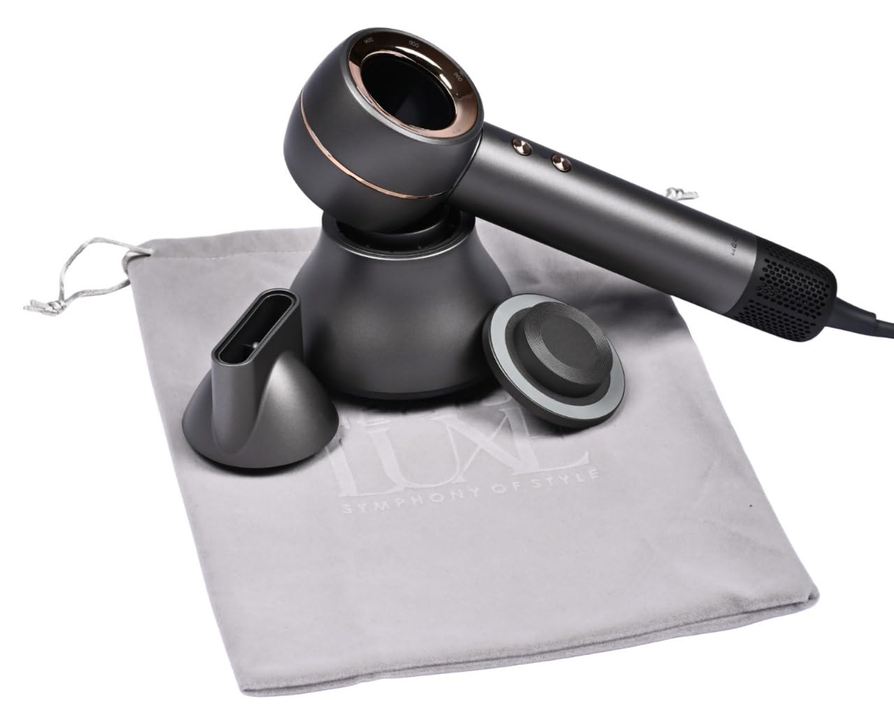 Hector Luxe Aerozonic Hair Dryer, 110,000 RPM High-Speed Motor, Negative Ion Technology, Multiple Speed Settings, Grey & Golden