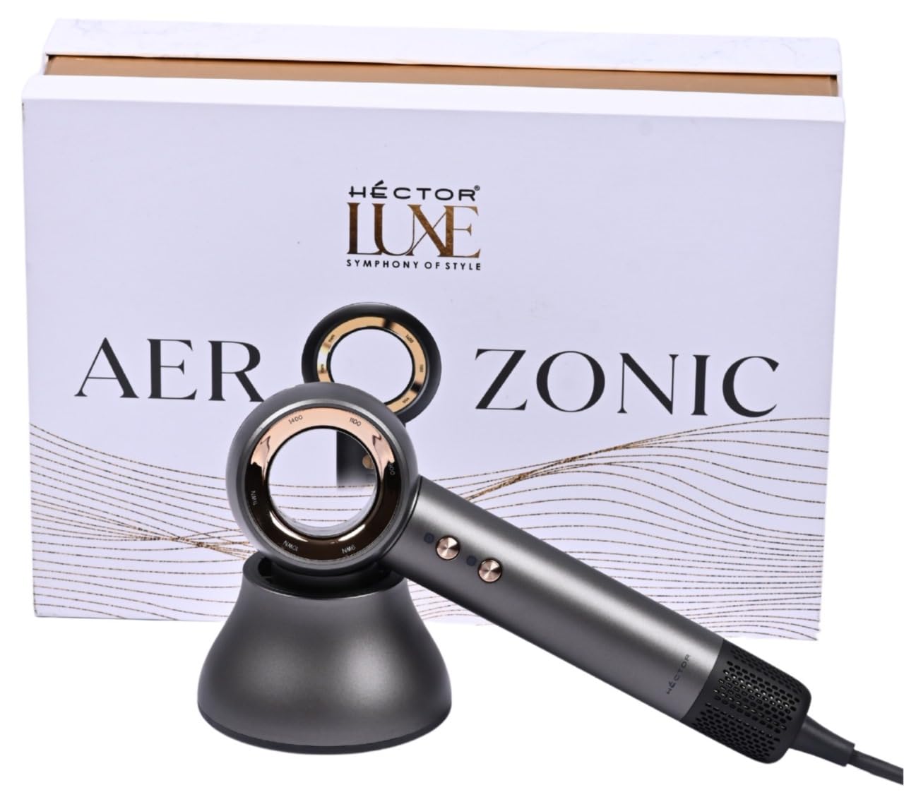 Hector Luxe Aerozonic Hair Dryer, 110,000 RPM High-Speed Motor, Negative Ion Technology, Multiple Speed Settings, Grey & Golden