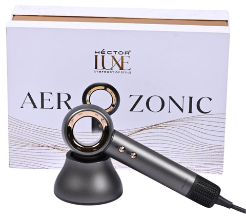 Hector Luxe Aerozonic Hair Dryer, 110,000 RPM High-Speed Motor, Negative Ion Technology, Multiple Speed Settings, Grey & Golden