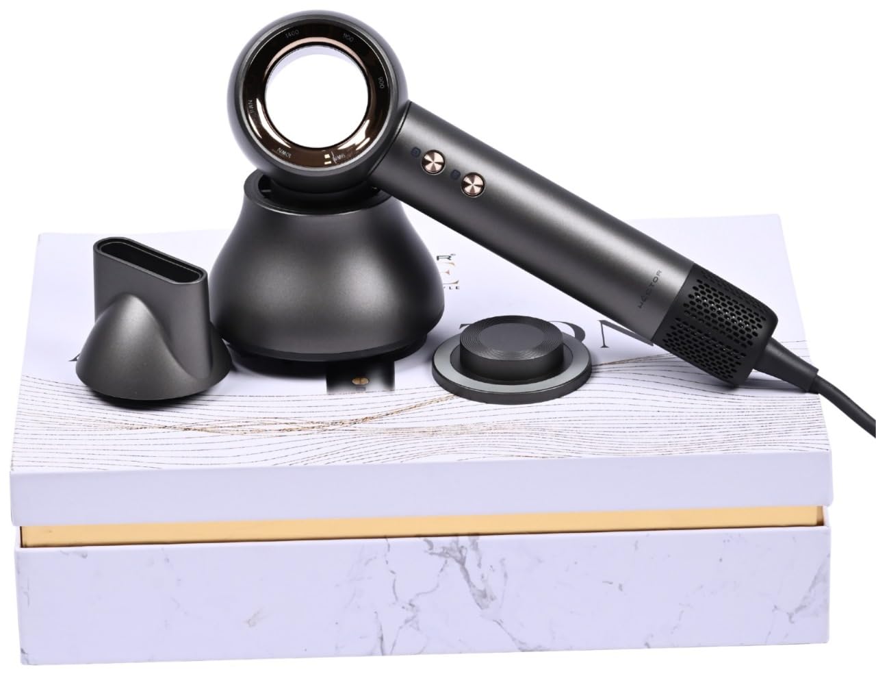 Hector Luxe Aerozonic Hair Dryer, 110,000 RPM High-Speed Motor, Negative Ion Technology, Multiple Speed Settings, Grey & Golden