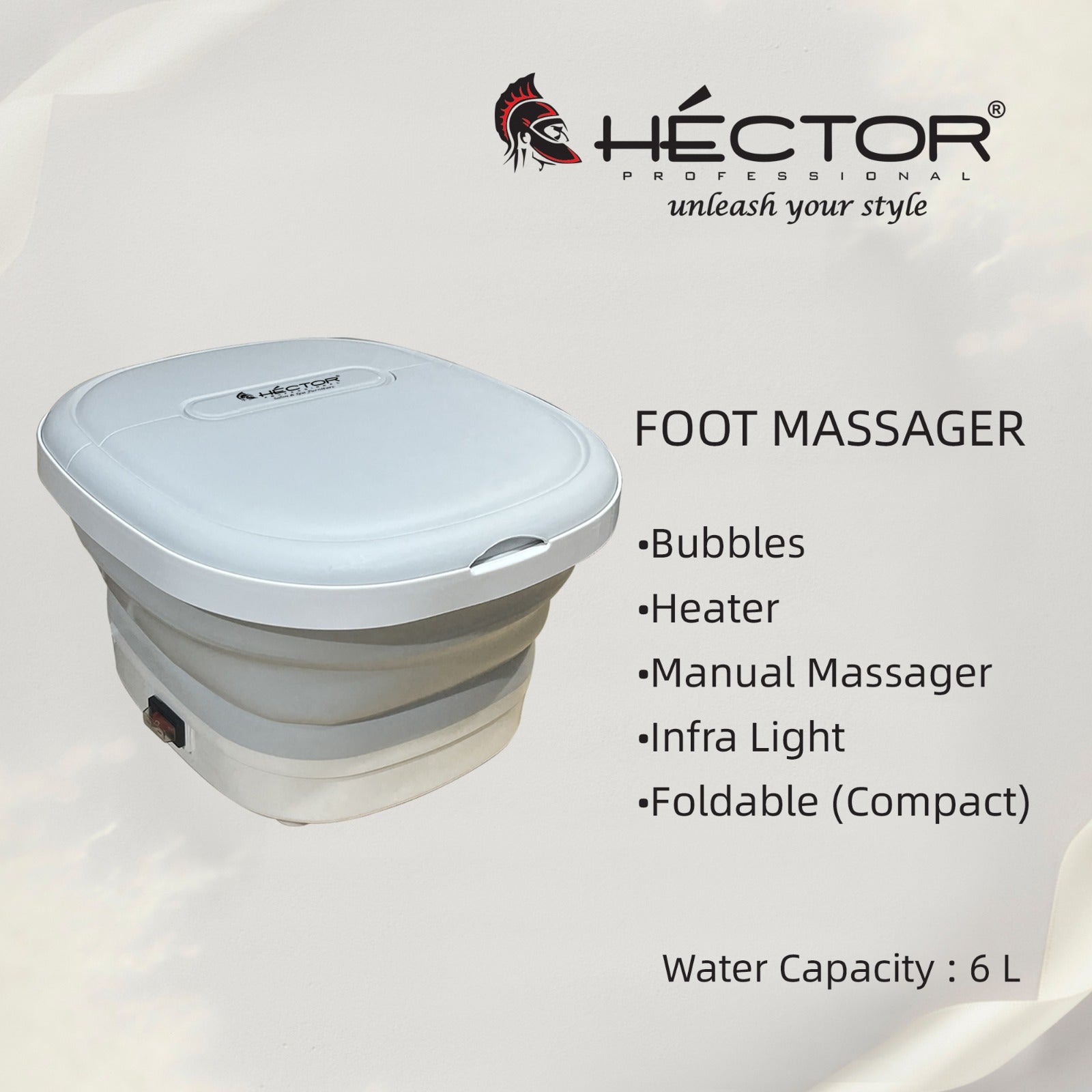 Hector Professional Foot Massager, 6L Capacity, Foldable Design, 500W with Temperature Control, White