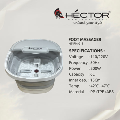 Hector Professional Foot Massager, 6L Capacity, Foldable Design, 500W with Temperature Control, White