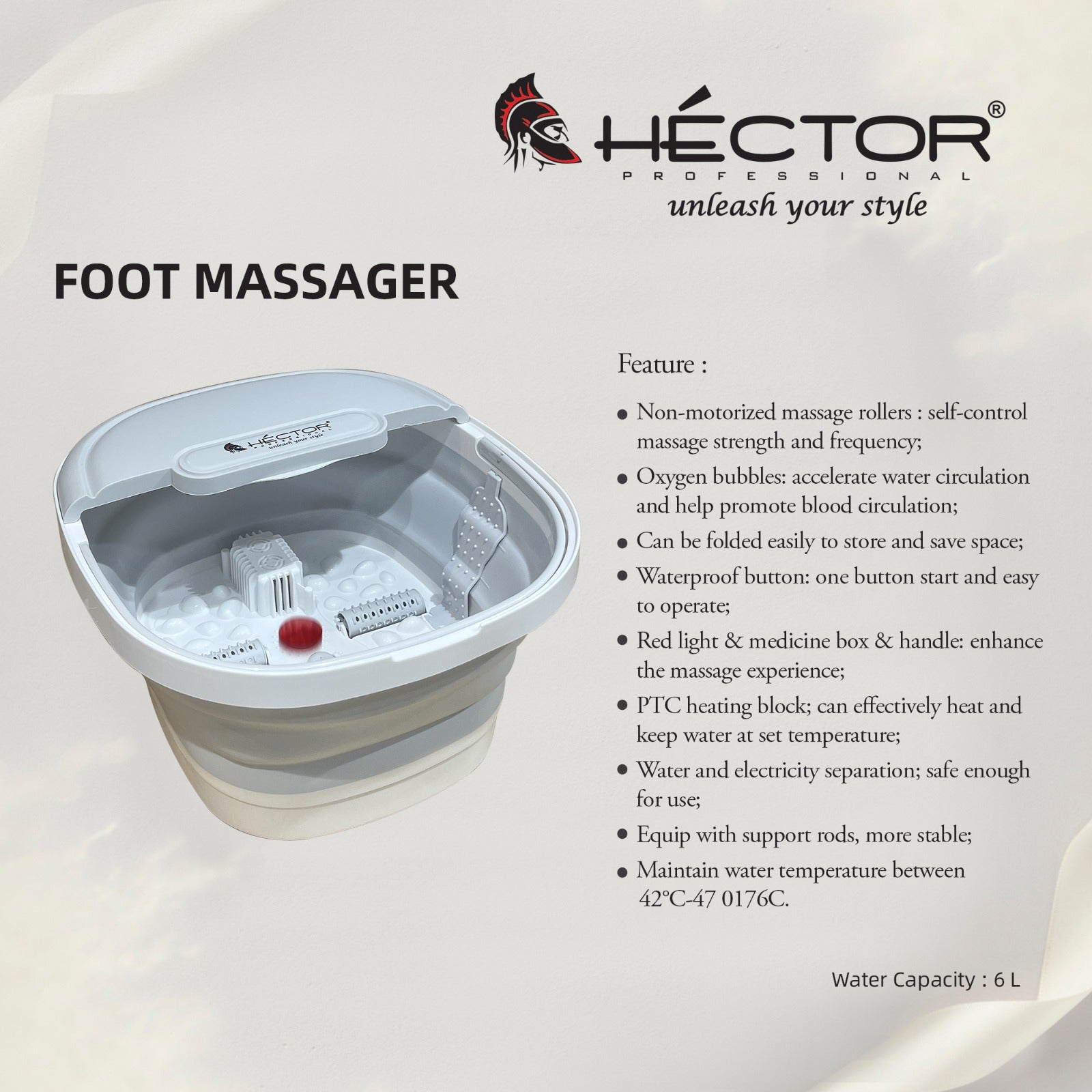 Hector Professional Foot Massager, 6L Capacity, Foldable Design, 500W with Temperature Control, White