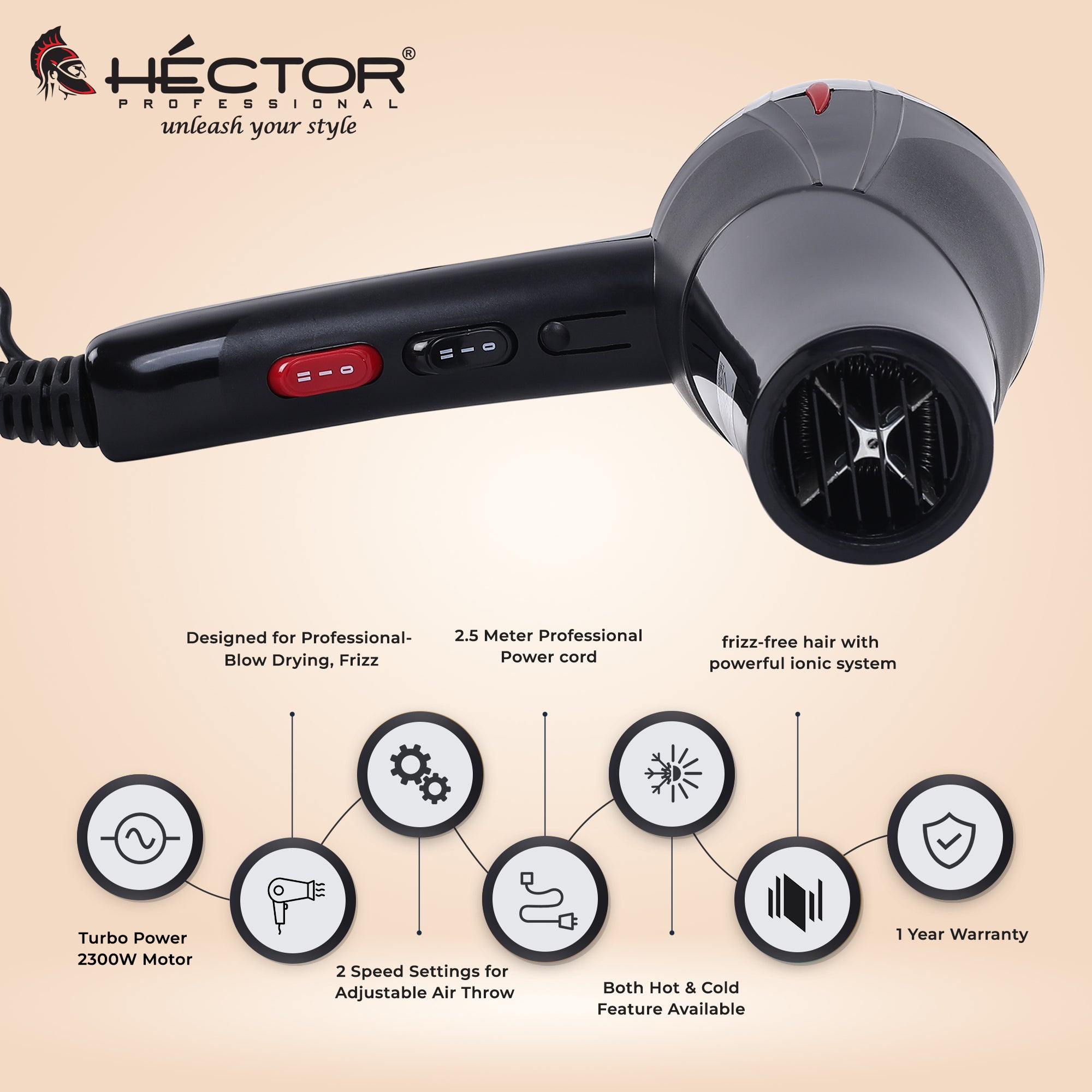Hector Professional 2300 W Hair Dryer for Personal Salon use Just Black