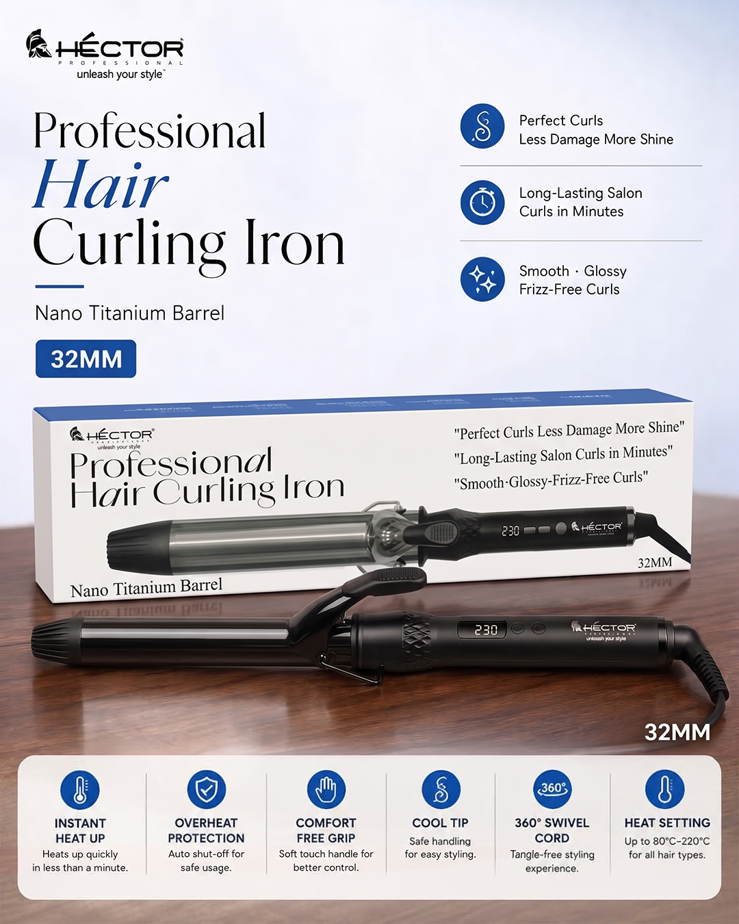 Hector Professional Hair Curling Iron 32MM | Nano Titanium Barrel | Digital Temperature Display Up to 220°C | Salon Style Curls for All Hair Types