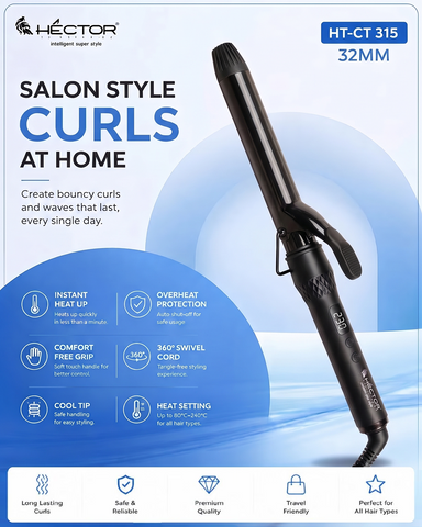 Hector Professional Hair Curling Iron 32MM | Nano Titanium Barrel | Digital Temperature Display Up to 220°C | Salon Style Curls for All Hair Types
