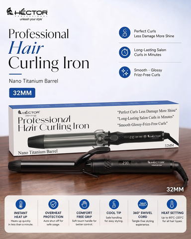 Hector Professional Hair Curling Iron 32MM | Nano Titanium Barrel | Digital Temperature Display Up to 220°C | Salon Style Curls for All Hair Types